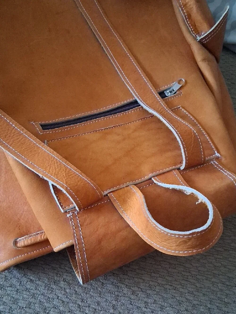 Vintage Tan Leather Backpack with Front and Side Buckle Pocket Purse Bag
